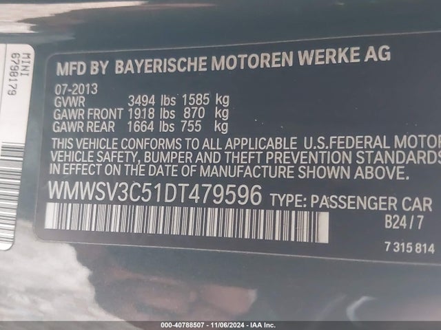 2013 MINI HARDTOP WMWSV3C51DT479596 Photo 8