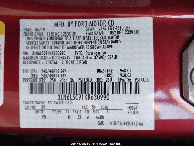3LN6L5C91KR630990 Lincoln Mkz Reserve I