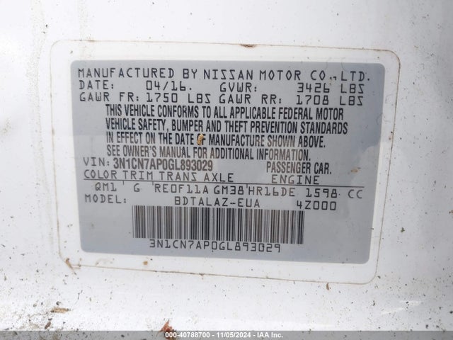 Nissan Versa 1.6 S+ 2016 3N1CN7AP0GL893029 Image 9