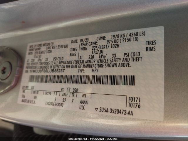 1FMCU0F66LUB66237 Ford ESCAPE S