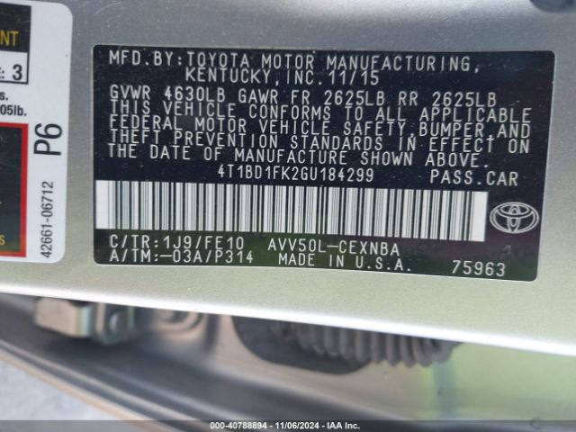 4T1BD1FK2GU184299 Toyota Camry Hybrid Le