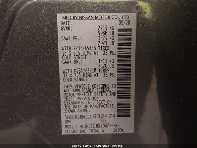 5N1DR2BM1LC632474 Nissan Pathfinder Sv 4wd