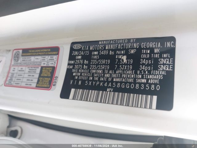 5XYPK4A58GG083580 KIA Sorento 3.3l Sx