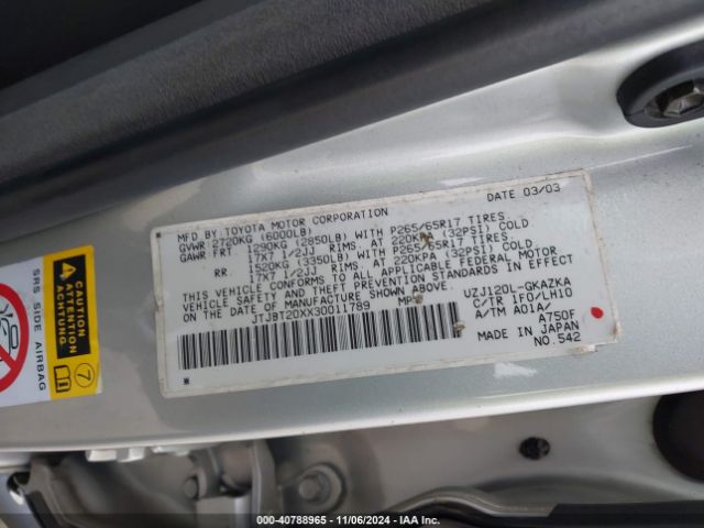 2003 LEXUS GX 470 JTJBT20XX30011789 Photo 8