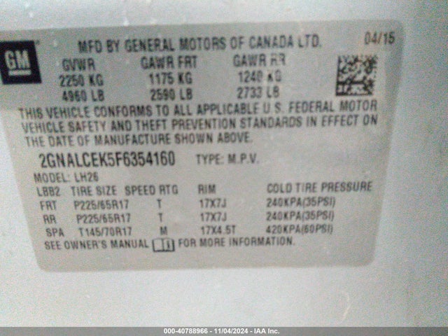 Chevrolet Equinox 2lt 2015 2GNALCEK5F6354160 Image 9