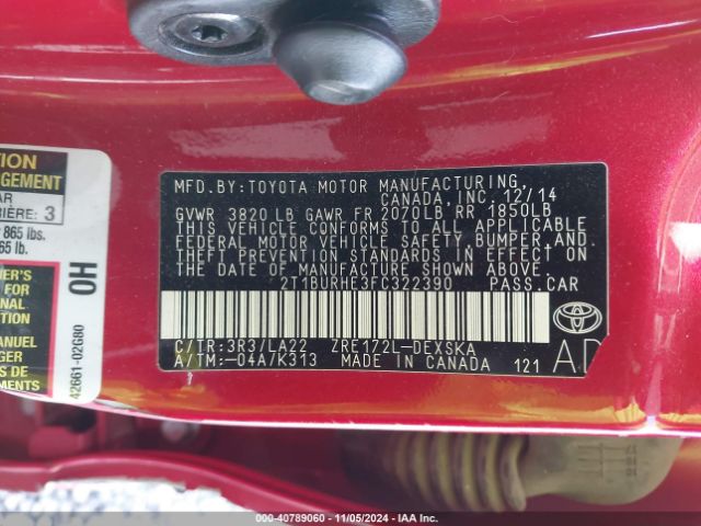 2T1BURHE3FC322390 Toyota Corolla S Premium