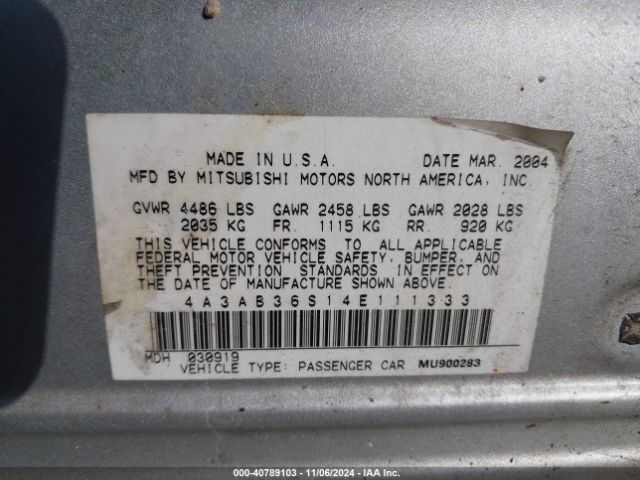 2004 MITSUBISHI GALANT 4A3AB36S14E111333 Photo 8