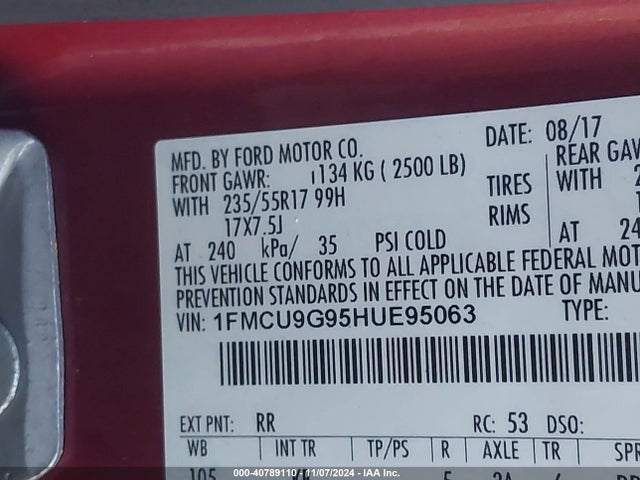 Ford ESCAPE SE 2017 1FMCU9G95HUE95063 Image 9