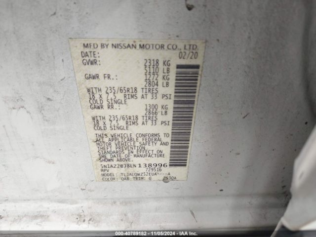 5N1AZ2BJ8LN138996 Nissan Murano Sv Fwd