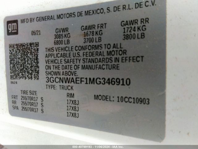 3GCNWAEF1MG346910 Chevrolet Silverado 1500 2wd  Long Bed Wt