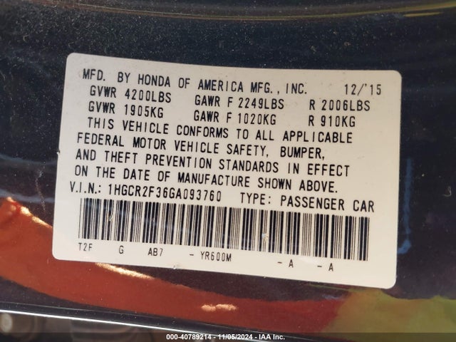 Honda ACCORD LX 2016 1HGCR2F36GA093760 Image 9