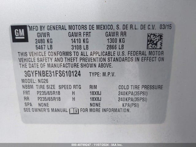 3GYFNBE31FS610124 Cadillac Srx Luxury Collection