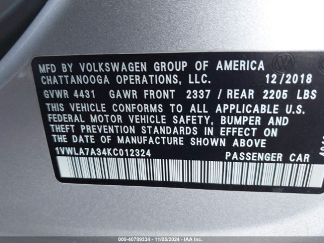 1VWLA7A34KC012324 Volkswagen Passat 2.0t Wolfsburg Edition