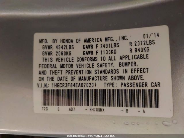 1HGCR3F84EA020207 Honda Accord Ex-l V-6