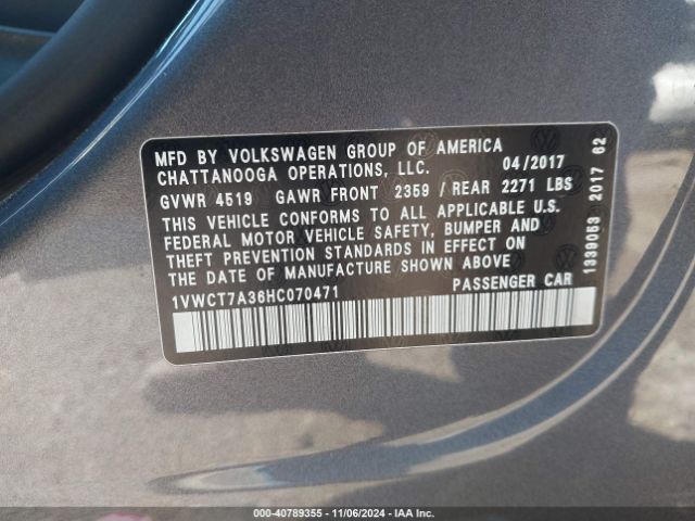 1VWCT7A36HC070471 Volkswagen Passat 1.8t Sel Premium