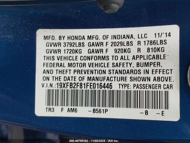 Honda CIVIC EX 2015 19XFB2F81FE016446 Image 9