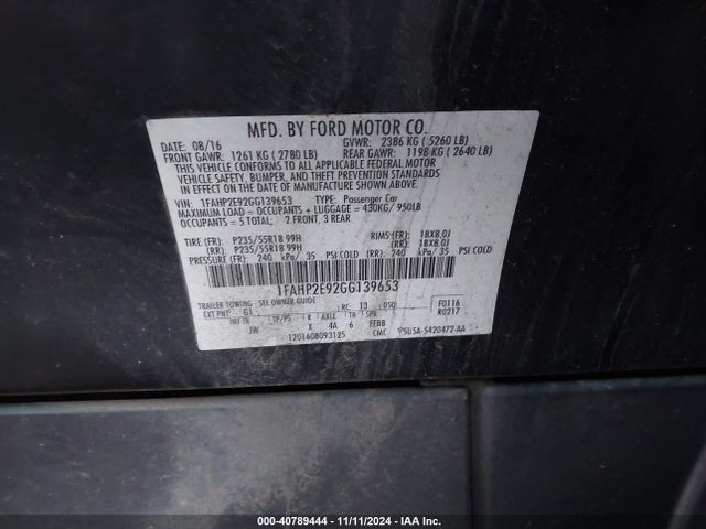 Ford TAURUS SEL 2016 1FAHP2E92GG139653 Image 9