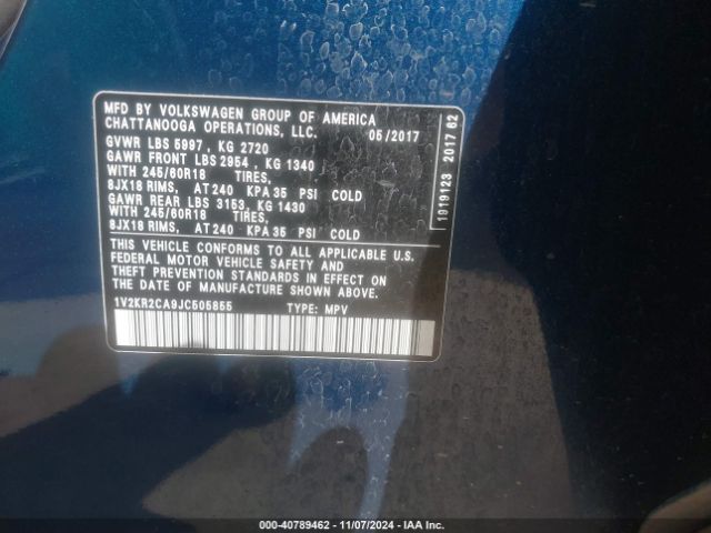1V2KR2CA9JC505855 Volkswagen Atlas 3.6l V6 Se