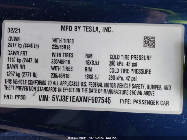 5YJ3E1EAXMF907545 Tesla Model 3 Standard Range Plus Rear-wheel Drive