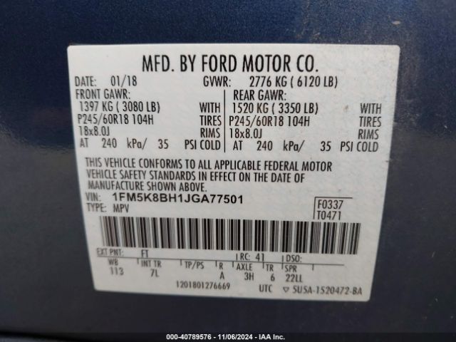 1FM5K8BH1JGA77501 Ford Explorer