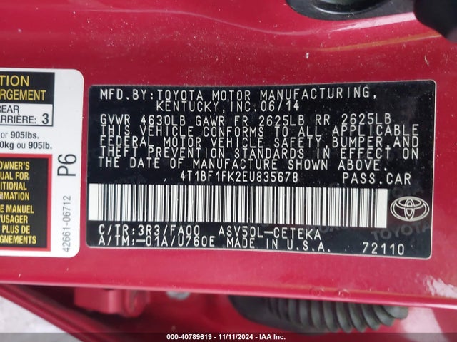 4T1BF1FK2EU835678 Toyota CAMRY L