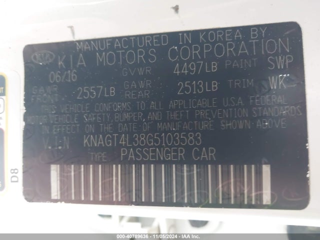 KIA Optima Lx 2016 KNAGT4L38G5103583 Image 9