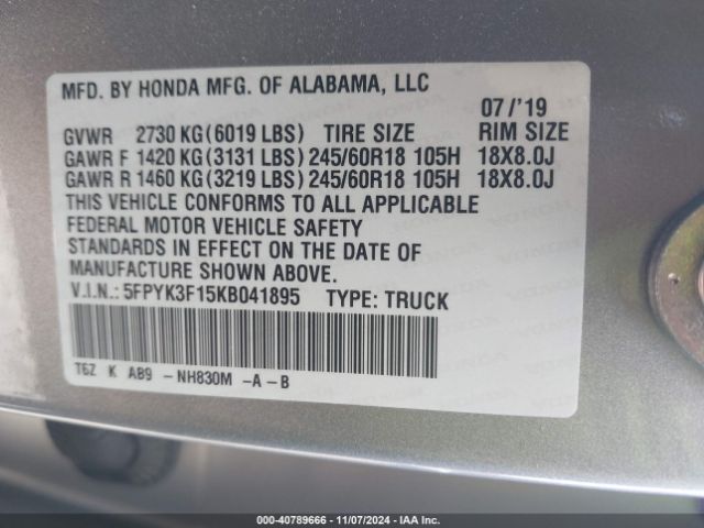 5FPYK3F15KB041895 Honda Ridgeline Sport