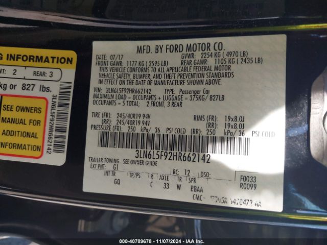 3LN6L5F92HR662142 Lincoln Mkz Reserve