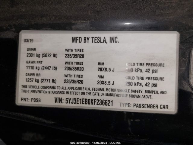 5YJ3E1EB0KF236621 Tesla Model 3 Long Range/performance