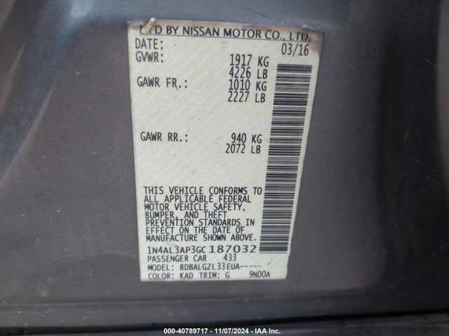1N4AL3AP3GC187032 Nissan Altima 2.5/2.5 S/2.5 Sl/2.5 Sr/2.5 Sv