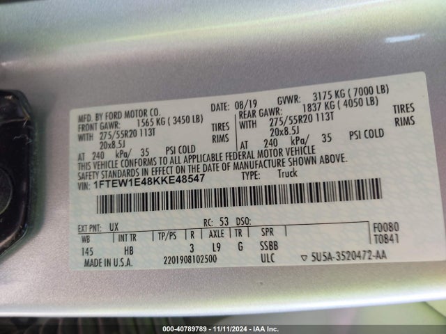 1FTEW1E48KKE48547 Ford F-150 Lariat