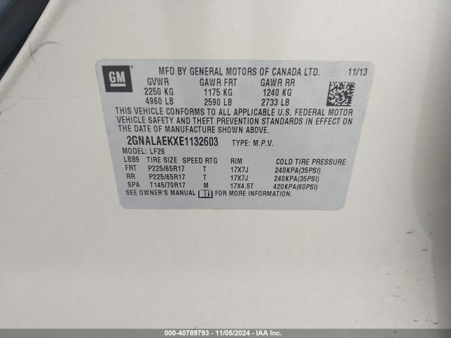 2GNALAEKXE1132603 Chevrolet EQUINOX LS