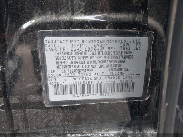 Nissan SENTRA S 2019 3N1AB7AP9KY342982 Image 9