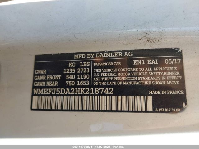WMEFJ5DA2HK218742 Smart Fortwo Passion/prime/proxy/pure