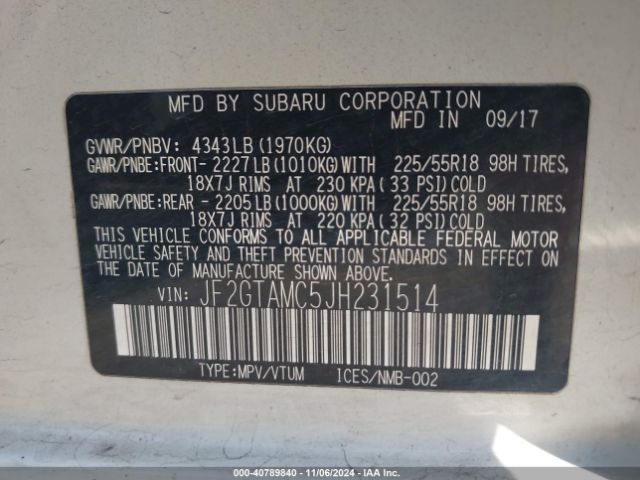 JF2GTAMC5JH231514 Subaru Crosstrek 2.0i Limited