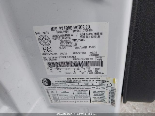1FTFW1ET0EFC53888 Ford F-150 Platinum