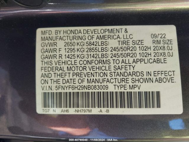 5FNYF6H29NB083009 Honda Pilot Awd Special Edition