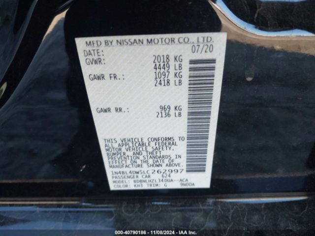 1N4BL4DW5LC262997 Nissan Altima Sv Intelligent Awd