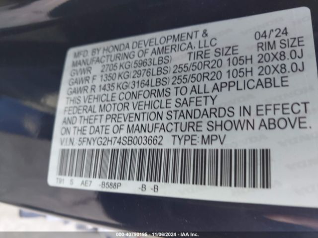5FNYG2H74SB003662 Honda Pilot Touring
