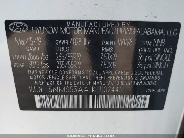 5NMS53AA1KH102445 Hyundai Santa Fe Limited 2.0t