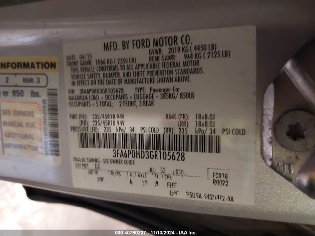 Ford FUSION SE 2016 3FA6P0HD3GR105628 Image 9