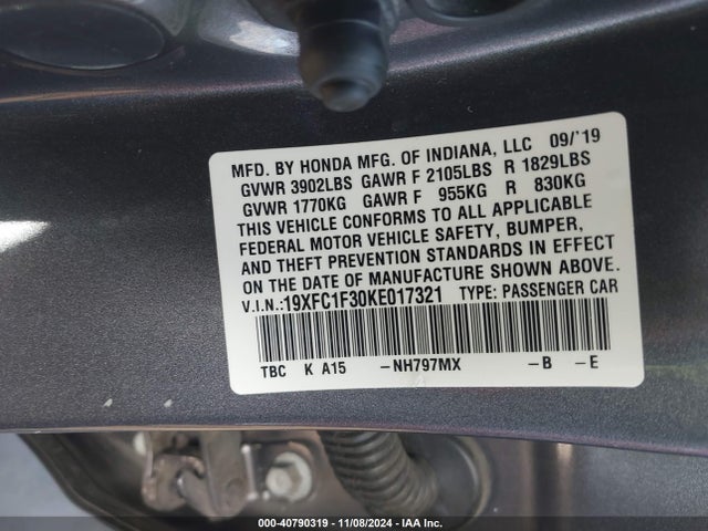 Honda CIVIC EX 2019 19XFC1F30KE017321 Image 9