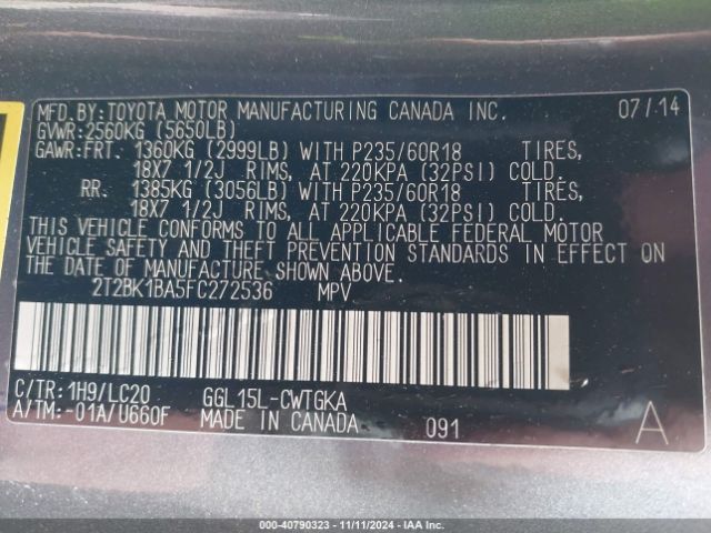 2T2BK1BA5FC272536 Lexus RX 350