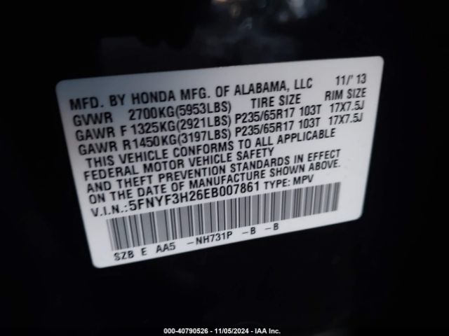 5FNYF3H26EB007861 Honda PILOT LX