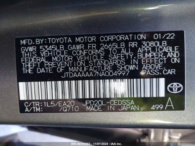 JTDAAAAA7NA004997 Toyota Mirai Xle