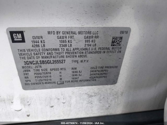 3GNCJLSB5GL265527 Chevrolet Trax Lt