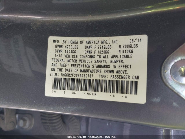 Honda ACCORD LX 2014 1HGCR2F30EA260787 Image 9
