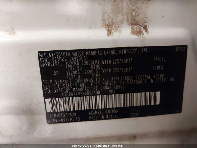 4T3RWRFV9NU053490 Toyota Rav4 Hybrid Xle
