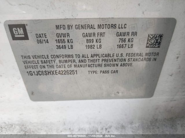 1G1JC6SHXE4226251 Chevrolet Sonic Lt Auto