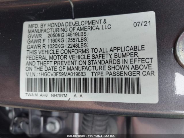 1HGCV3F59MA019683 Honda Accord Hybrid Ex-l